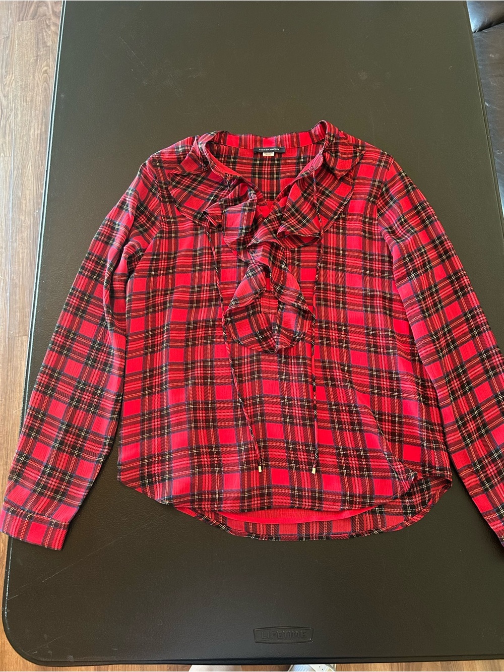 Tommy Hilfiger Red and Black Plaid Ruffle Tie-Neck Blouse